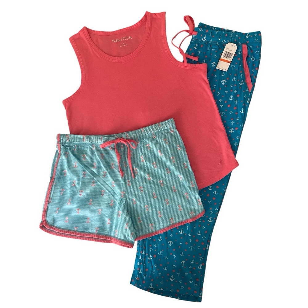 Nautica 3 piece Women's Pajama Set - Coral and Teal